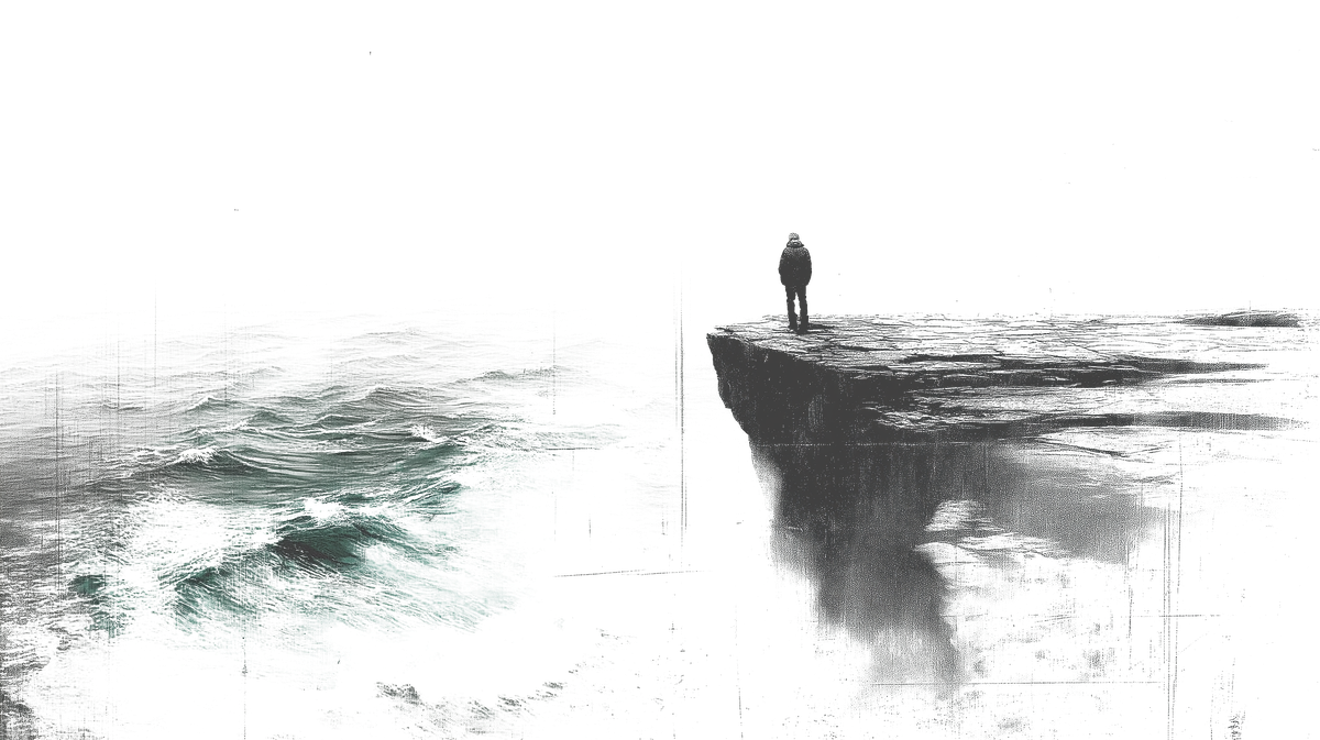 Collage cutout: figure standing on a cliff